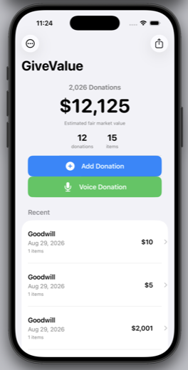 GiveValue dashboard showing 2,026 donations, $12,125 estimated fair market value, and a list of recent donations to Goodwill