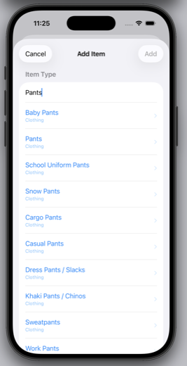 GiveValue item search showing results for 'Pants' with multiple clothing subcategories