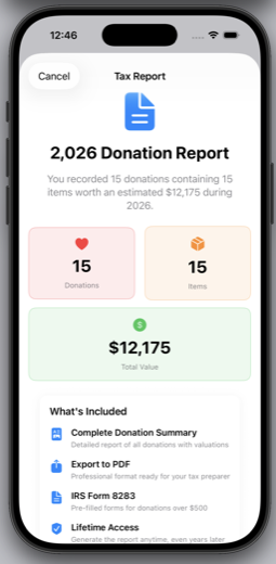 GiveValue tax report screen showing a 2,026 Donation Report with 15 donations worth an estimated $12,175