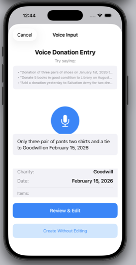 GiveValue voice input showing parsed charity and date after recording