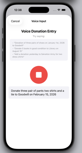 GiveValue voice input recording screen with example phrases and a transcribed donation
