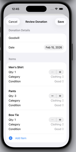 GiveValue review donation screen with items parsed from voice input, including quantity, category, and condition